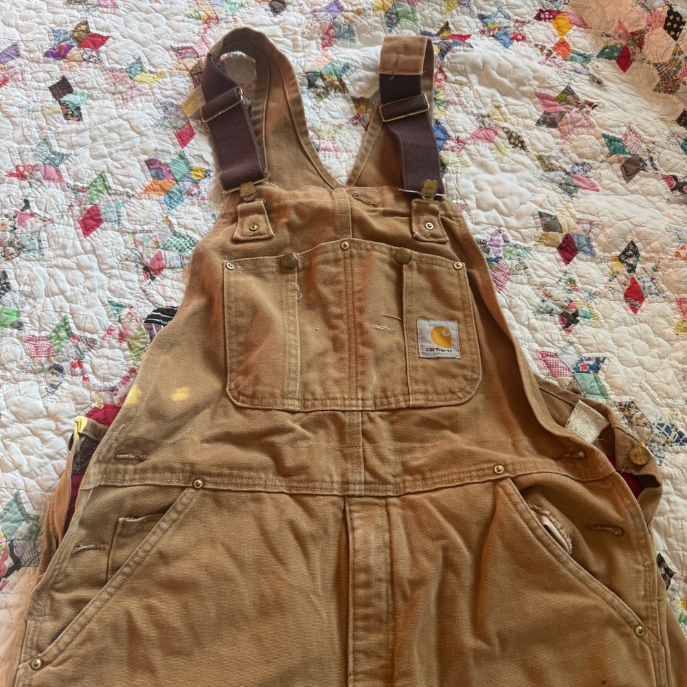 Carhartt R02 BRN Quilt Lined Duck Bib Overalls Brown Distressed 36x32 Mens - Picture 5 of 10